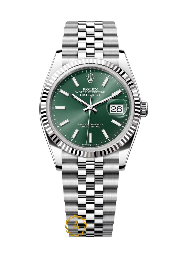 Rolex Datejust 36 mm White Rolesor Mint Green Dial 126234 Jubilee