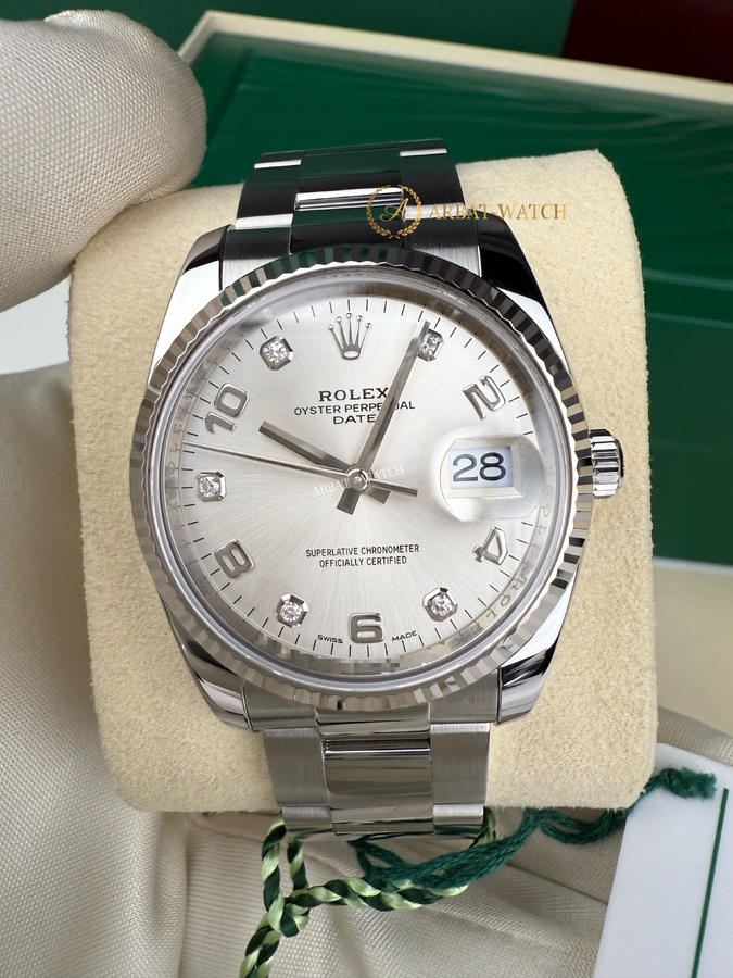 Rolex Oyster Perpetual Date Silver Arabic Diamonds Dial White Rolesor 34 mm 115234