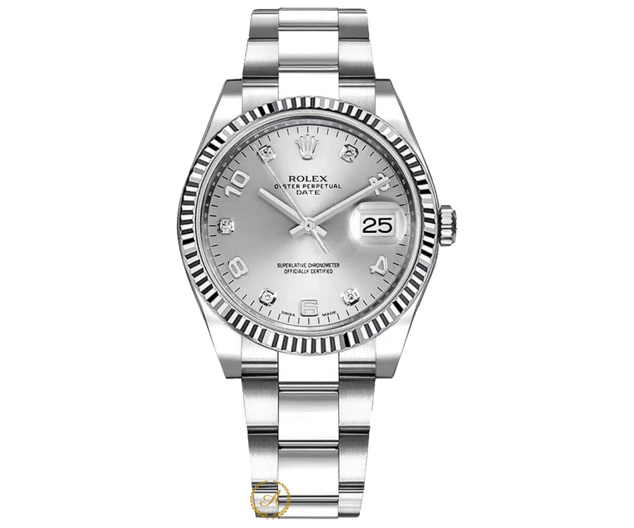 Rolex Oyster Perpetual Date Silver Arabic Diamonds Dial White Rolesor 34 mm 115234