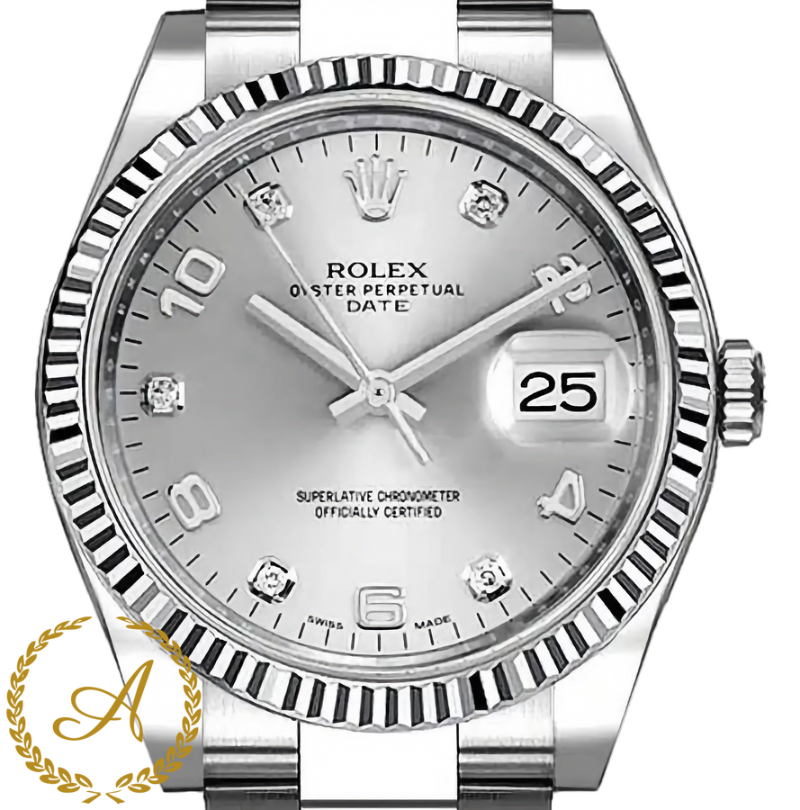 Rolex Oyster Perpetual Date Silver Arabic Diamonds Dial White Rolesor 34 mm 115234