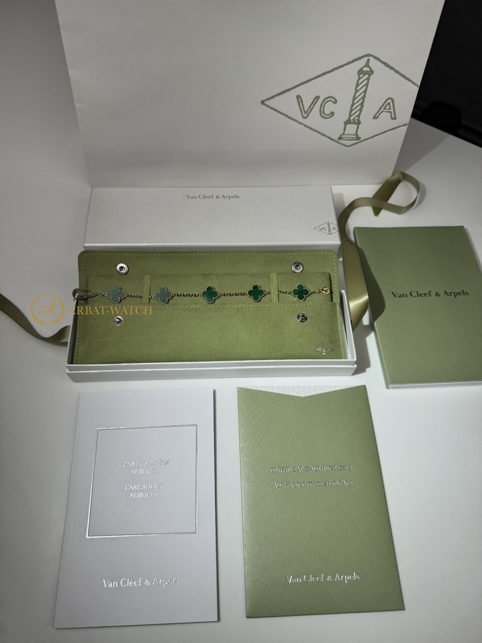 Браслет Van Cleef & Arpels Vintage Alhambra Malachite Yellow Gold 5 мотивов