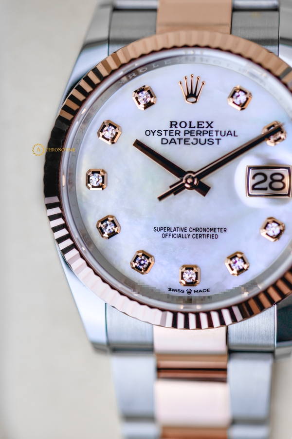 Rolex Datejust 36 mm Everose Rolesor White Pearl Diamond-set Dial 126231