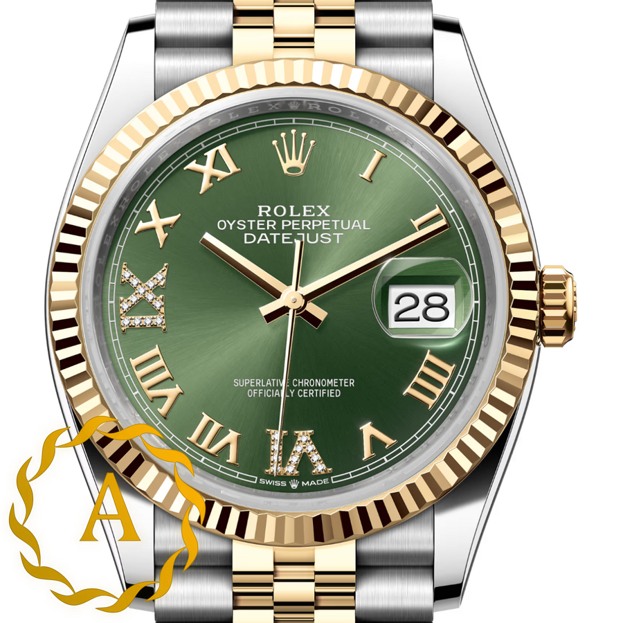 Rolex Datejust 36 mm Yellow Rolesor Olive Green Diamond-set Dial 126233 Jubilee