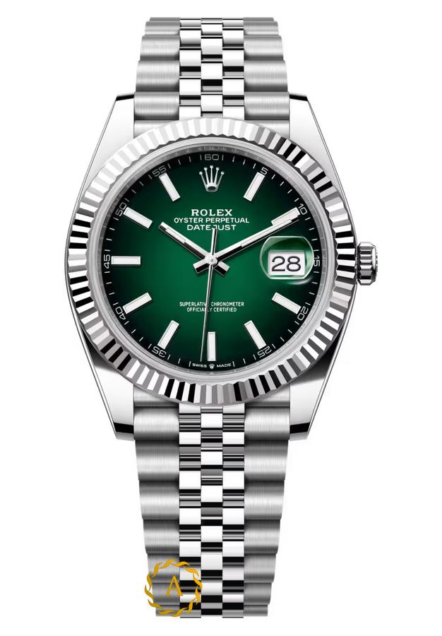 Rolex Datejust 41 mm White Rolesor Green Ombre Dial 126334 Jubilee