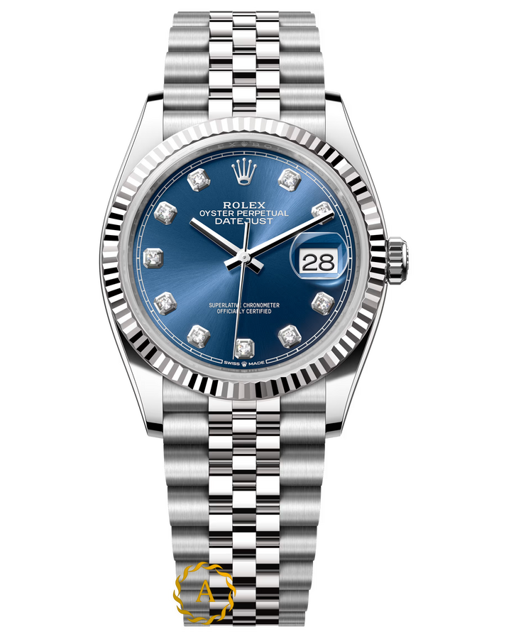 Rolex Datejust 36 mm White Rolesor Bright Blue Diamond-set Dial 126234 Jubilee