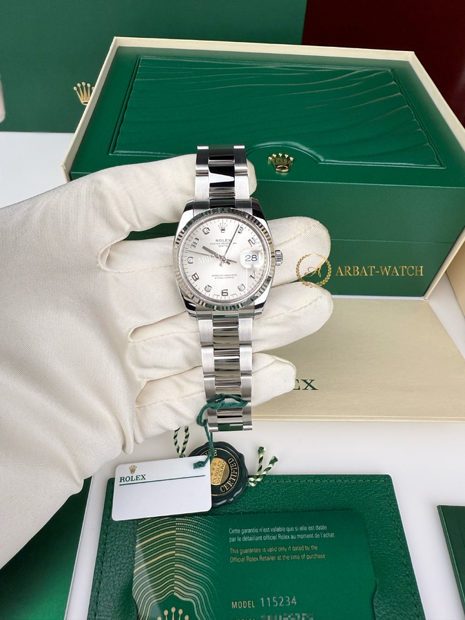 Rolex Oyster Perpetual Date Silver Arabic Diamonds Dial White Rolesor 34 mm 115234