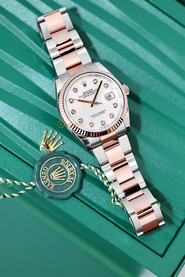 Rolex Datejust 36 mm Everose Rolesor White Pearl Diamond-set Dial 126231