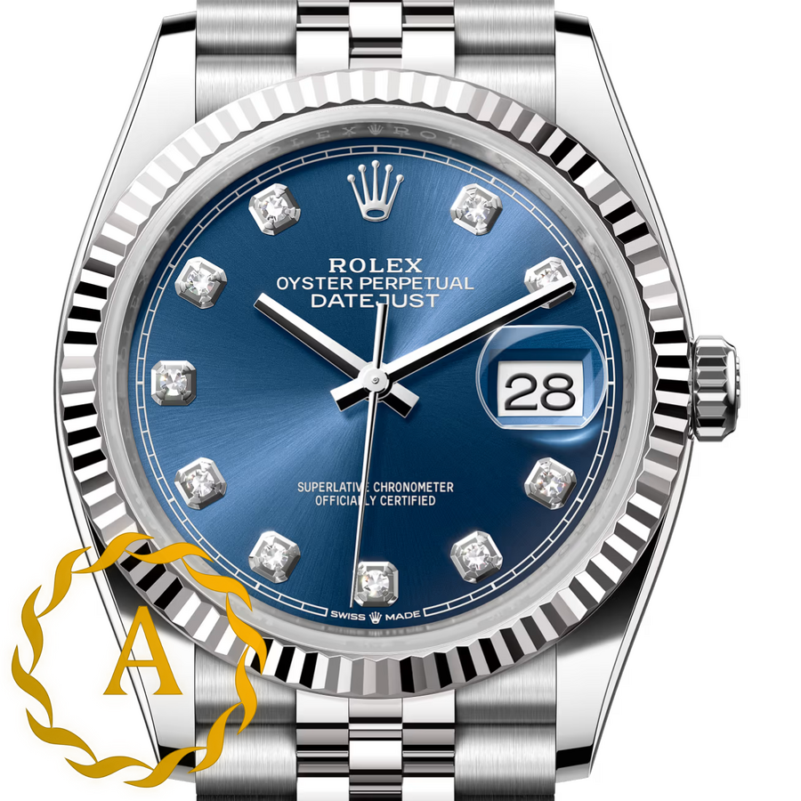 Rolex Datejust 36 mm White Rolesor Bright Blue Diamond-set Dial 126234 Jubilee