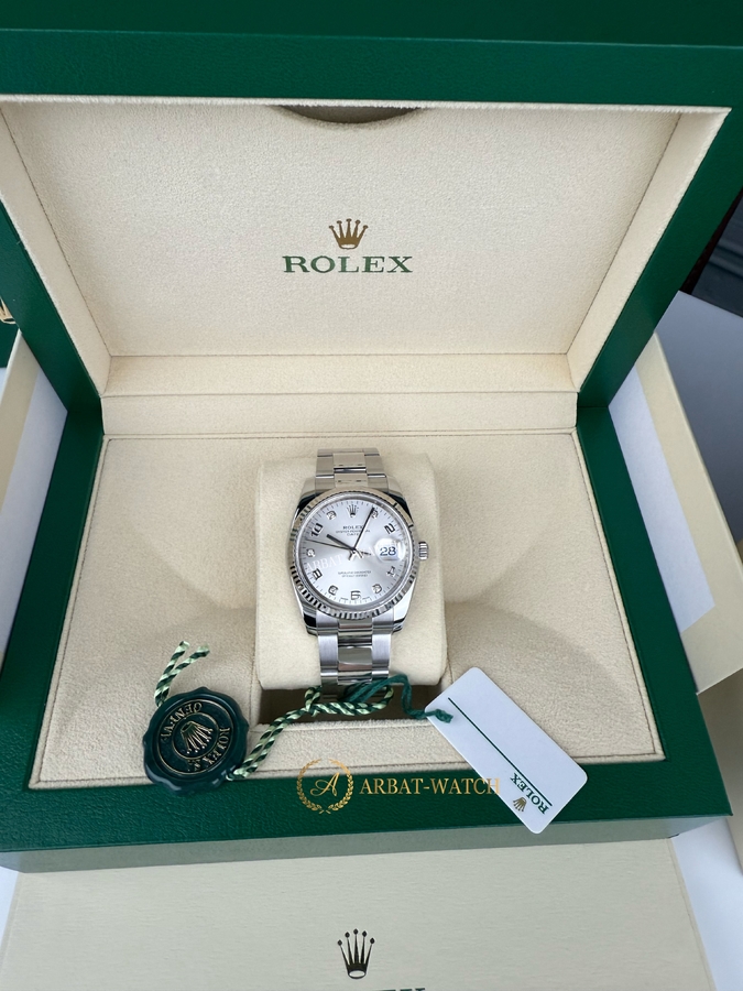 Rolex Oyster Perpetual Date Silver Arabic Diamonds Dial White Rolesor 34 mm 115234
