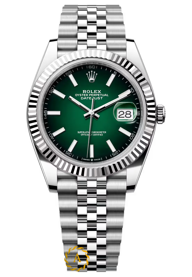 Rolex Datejust 41 mm White Rolesor Green Ombre Dial 126334 Jubilee