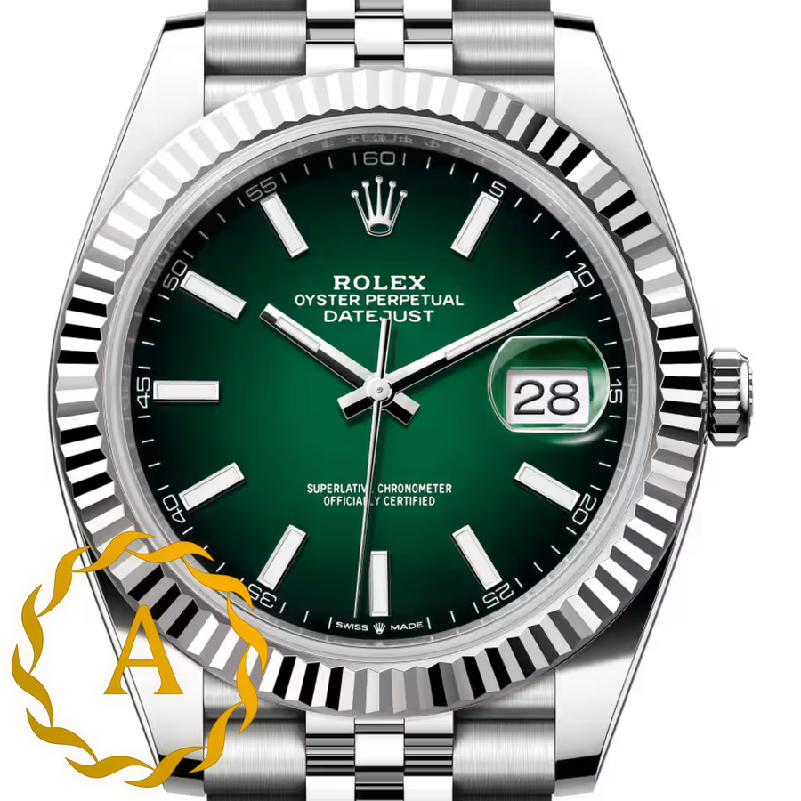 Rolex Datejust 41 mm White Rolesor Green Ombre Dial 126334 Jubilee
