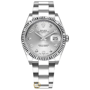 Rolex Oyster Perpetual Date Silver Arabic Diamonds Dial White Rolesor 34 mm 115234