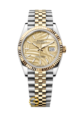 Rolex Datejust 36 mm Yellow Rolesor Champagne Palm Motif Dial 126233 Jubilee